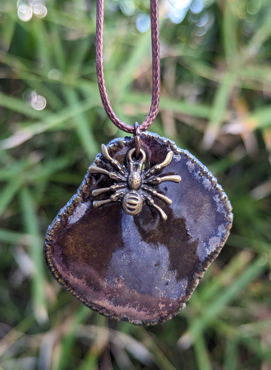 spider plant necklace Ceramic Pendant with Spider Detail – Mother of Spiders